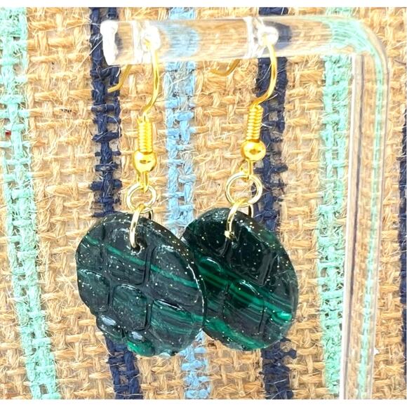 Artisan Green & Black Reptile Textured Circle Dangle Earrings 1.75" Drop - Picture 1 of 2